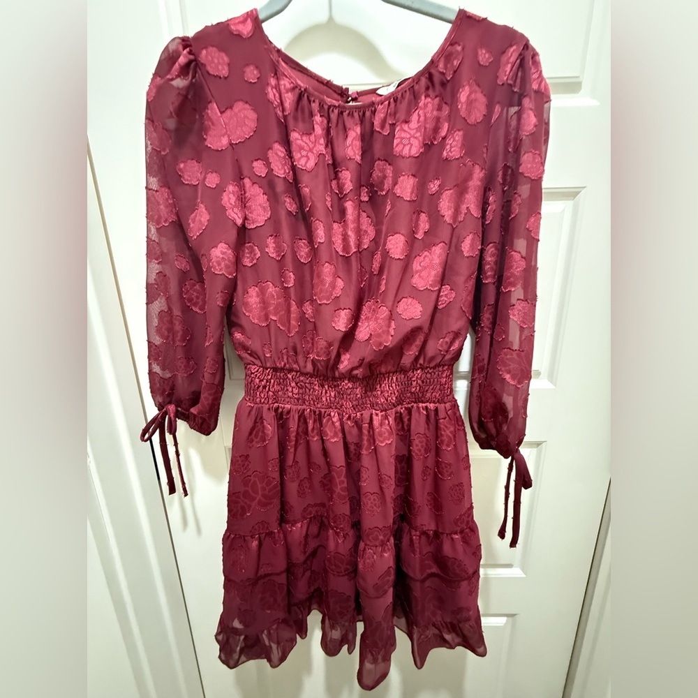 Speechless. Burgundy, truffle Tiered Burn-out Appliqué Mini Dress. Size Medium.